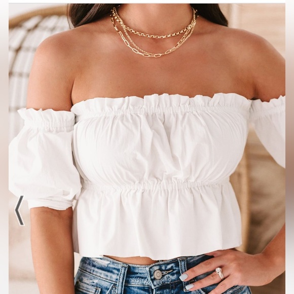 NanaMacs ruffled off the shoulder crop top, white, size large - Picture 2 of 10